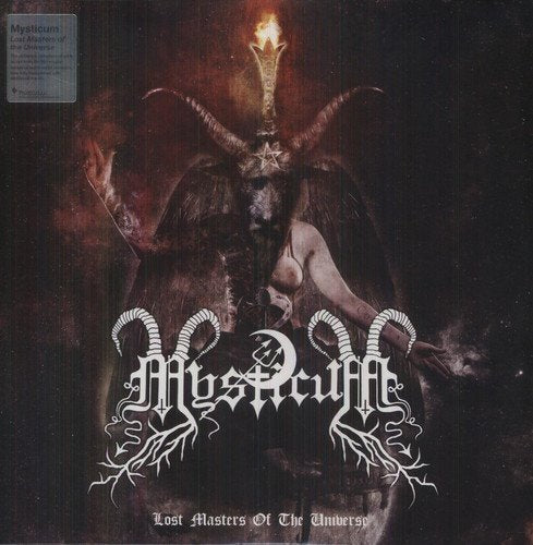 Baphomet figure with woman kneeling, Mysticum album cover, dark, gothic art, vinyl record.