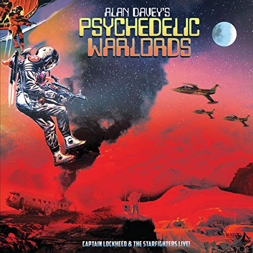 "Vinyl record cover with astronaut in space, surrounded by aircraft and explosions."
