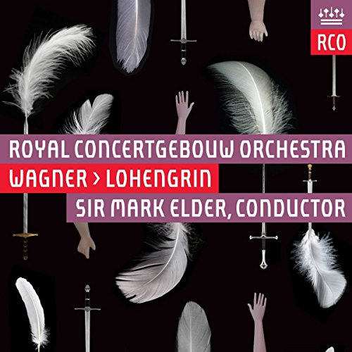 "Album cover with white feathers, swords, and hands on a black background."