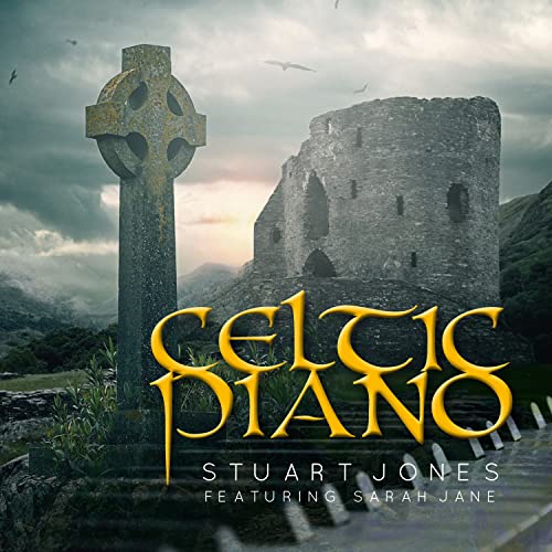 CD cover: Celtic cross, stone ruins, and album title "Celtic Piano".