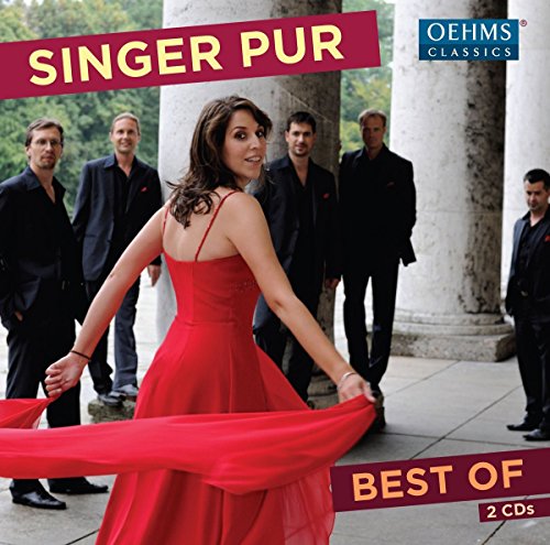 Woman in red dress dancing, surrounded by men in black, on a CD cover.
