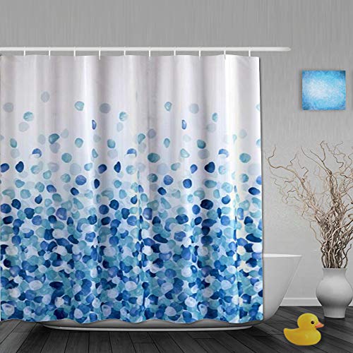 Blue and white speckled shower curtain with a rubber duck nearby.