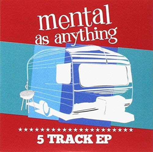 Red album cover with blue caravan illustration and band name "mental as anything".