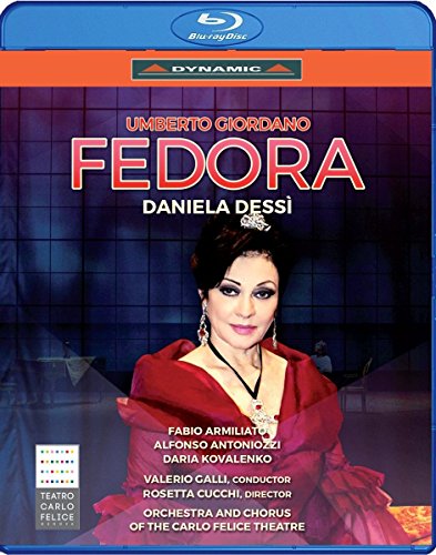 Blu-ray cover for Giordano’s “Fedora” opera featuring Daniela Dessi in red gown.