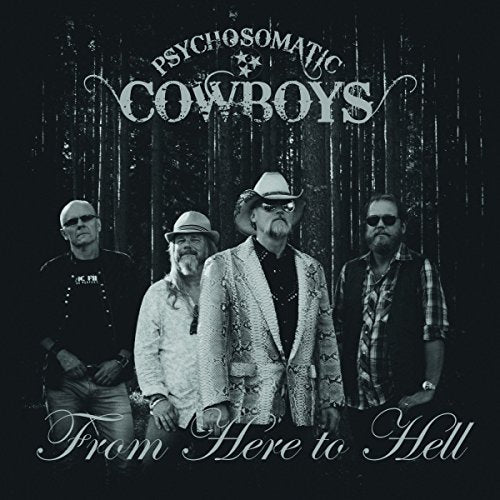 "Album cover featuring four men in cowboy attire against a dark wooden background."
