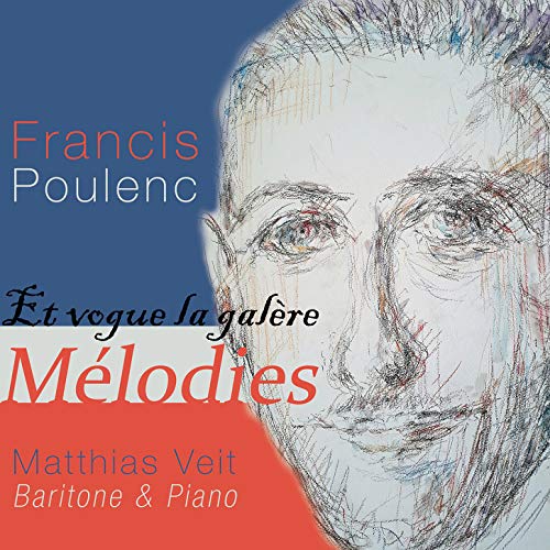 "CD cover with sketch of man's face, blue and red background, text 'Francis Poulenc Melodies'."