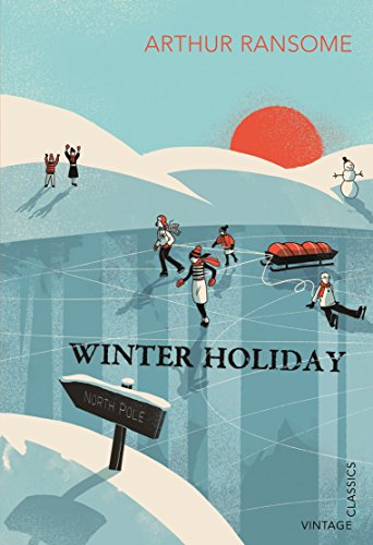 "Book cover with winter scene, people ice skating, and a sled, against a snowy landscape."