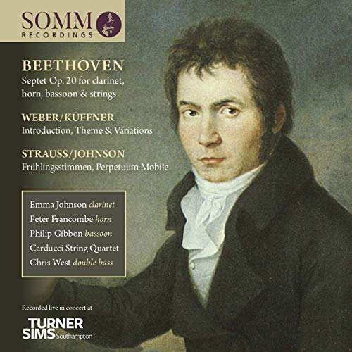 CD cover featuring a portrait of Beethoven with white text listing composers and performers.