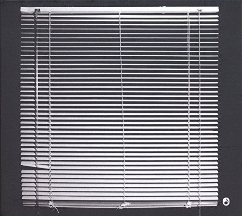 White window blinds on a black background with a small logo.