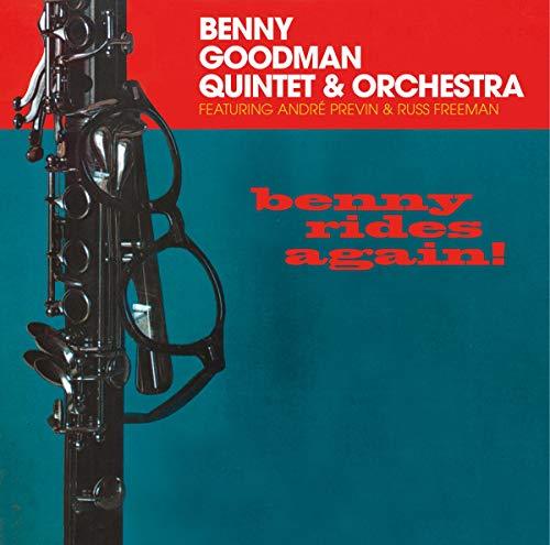 CD cover for Benny Goodman’s “Benny Rides Again!” featuring a clarinet.