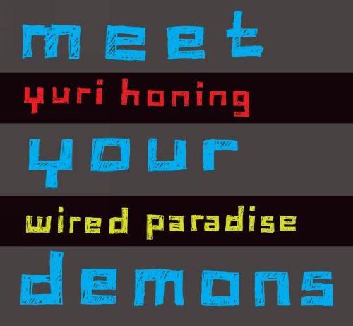 "Album cover with 'meet your demons' text in blue, red, and yellow on dark grey background."