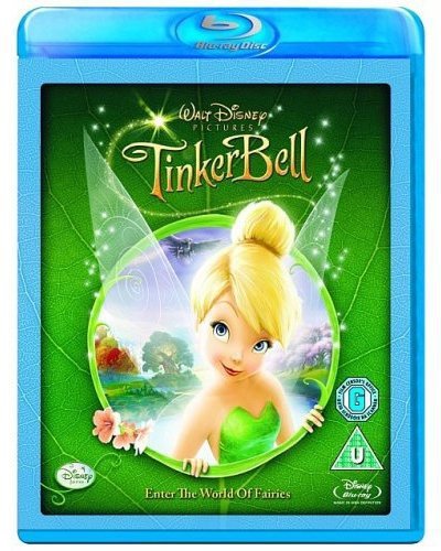 Blue Blu-ray case with Tinker Bell movie cover featuring a blonde fairy on green background.