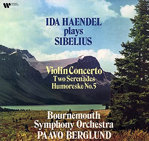 Album cover for Ida Haendel playing Sibelius, featuring mountains and trees.