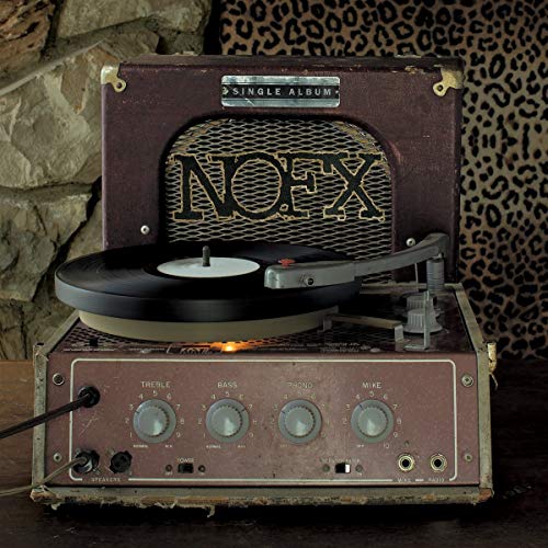 NOFX vinyl record displayed on a vintage, brown record player.