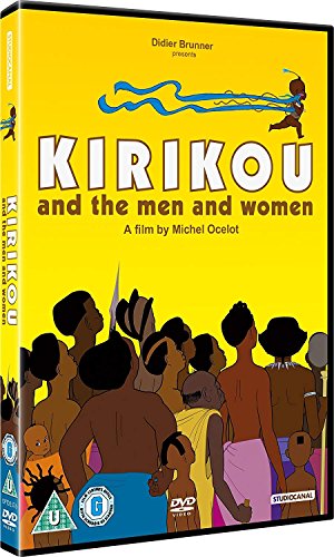 Yellow DVD cover for “Kirikou And The Men And Women” with animated figures.