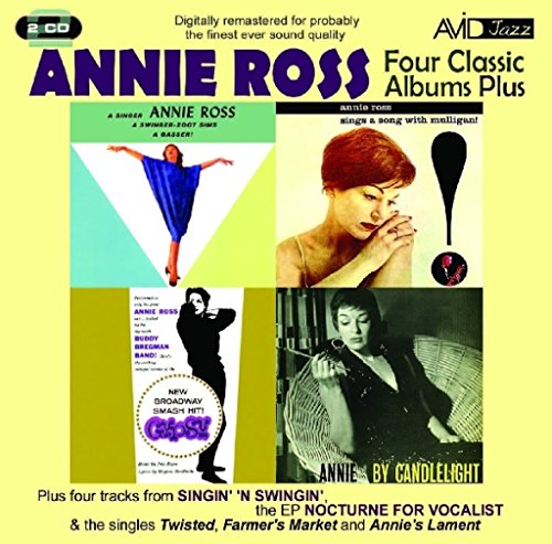 "CD cover with four album images and 'Annie Ross' in large purple text on yellow background."