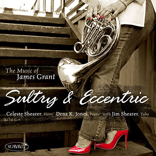 CD cover featuring a person with a French horn on stairs.