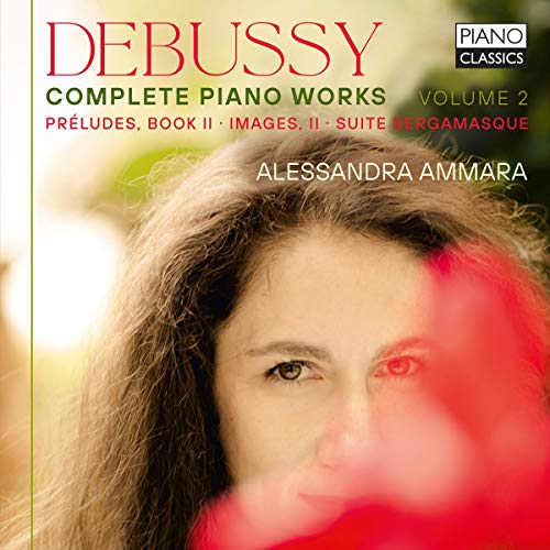 CD cover with a woman's face and red flower, titled "Debussy: Complete Piano Works".