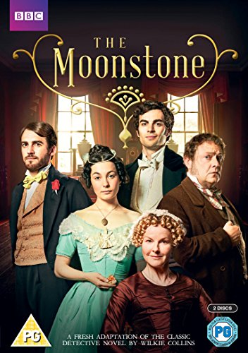 "The Moonstone DVD cover featuring five actors in Victorian attire in a room."