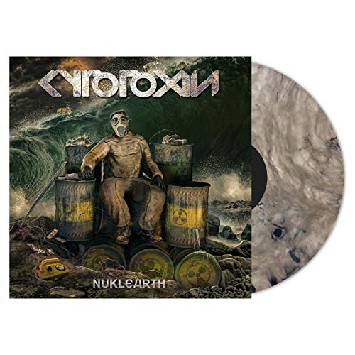 Vinyl record with a gray marbled disc and album cover featuring a man in a hazmat suit.