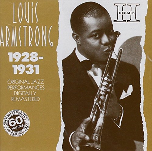 Louis Armstrong playing trumpet on a gold CD cover, 1928-1931.