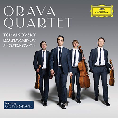 "Orava Quartet CD cover featuring four men in suits holding string instruments."