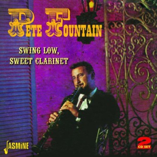 "Pete Fountain playing clarinet on a CD cover with purple background and ornate details."