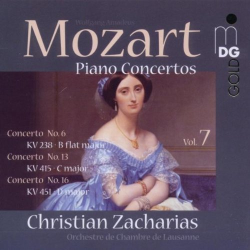CD cover featuring a woman in 18th-century dress with Mozart concertos listed.