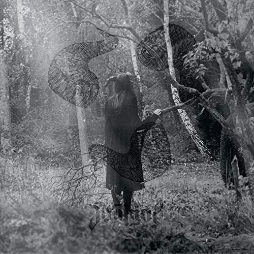 Black and white image of a person in a forest with large, abstract wing-like structures.