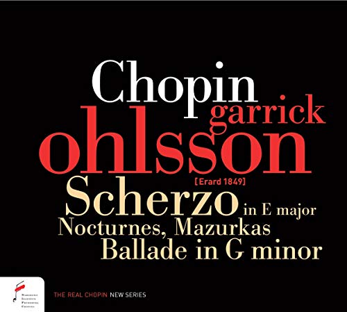 "Black CD cover with white, red, and gold text featuring Chopin and Garrick Ohlsson."