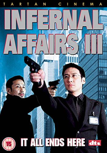 DVD cover for "Infernal Affairs III" featuring two men with guns.