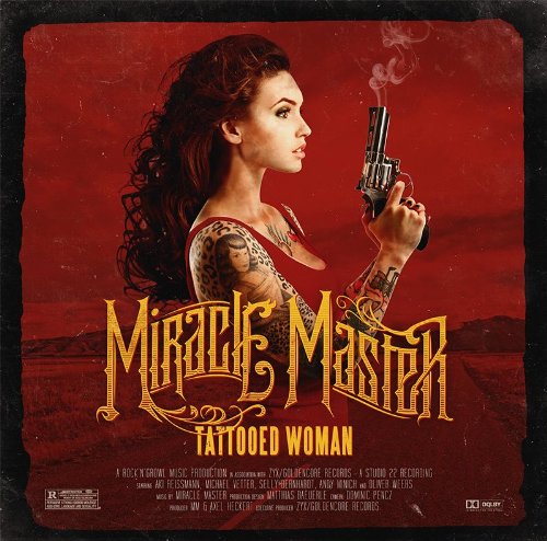 Album cover with a woman holding a gun, red background, ornate text.