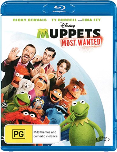 Muppets Most Wanted" Blu-ray cover featuring Muppets and human actors.