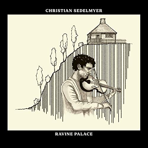 "Album cover with a man playing violin in front of a cliffside house."