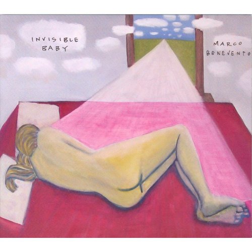 "Album cover featuring a nude figure on a red bed, with a surreal background."