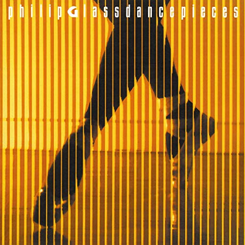 "Vinyl album cover with orange background, black silhouette, and white text 'philip Glass dancepieces'."