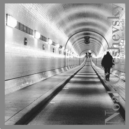 "Black and white CD cover with a person walking in a tunnel."
