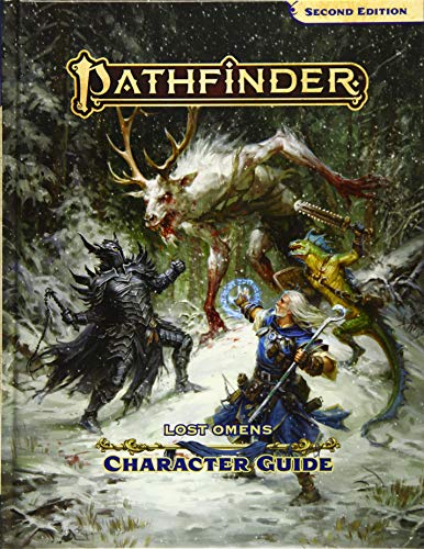 Pathfinder Lost Omens Character Guide cover with fantasy characters and snowy forest.