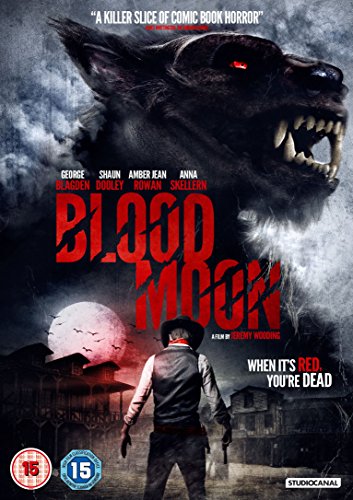 DVD cover for "Blood Moon" with a man and werewolf under a red moon.