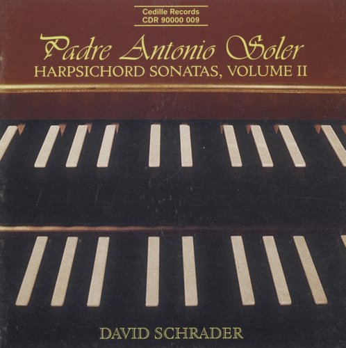 "CD cover with harpsichord keys and gold text on brown background."
