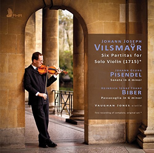 Man in a black suit plays violin in an arched stone doorway.
