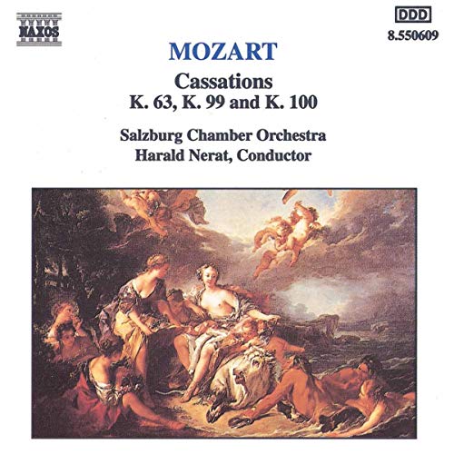 CD cover for Mozart’s Cassations, featuring classical painting of figures.