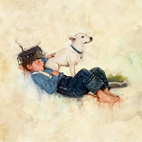Boy sleeping with a dog, watercolor style album cover.