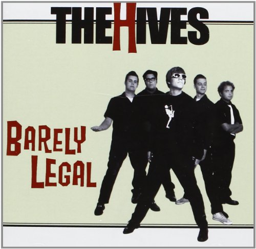 Album cover for "Barely Legal" by The Hives, featuring five band members in black attire.