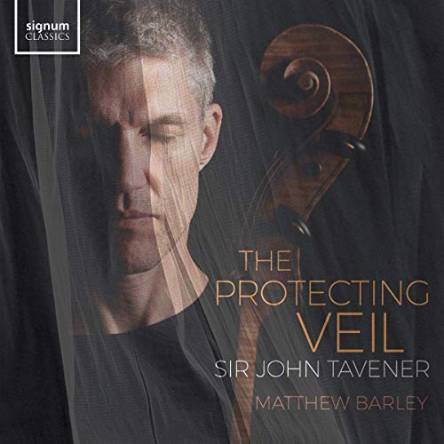 A man with a cello scroll behind him, partially obscured by a veil.