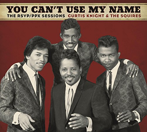 "CD cover with Curtis Knight & The Squires, four men in suits, red background."