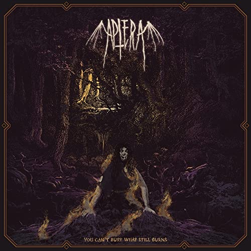 Dark album cover with figures in a forest surrounded by flames.