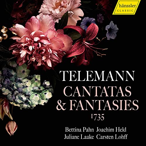 CD cover with dark floral arrangement and text "Telemann Cantatas & Fantasies.