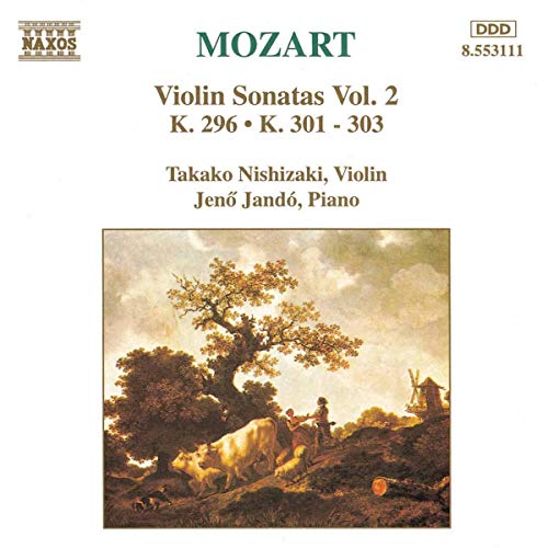 CD cover for Mozart violin sonatas featuring a pastoral landscape.