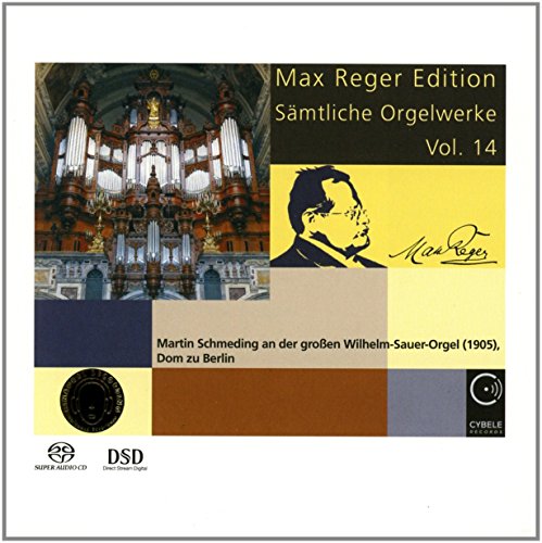 "CD cover featuring a church organ, composer's portrait, and multicolored squares."